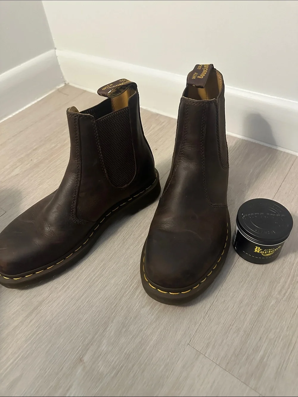 Dr. Martens Brown Leather Chukka Boots with Yellow Stitching